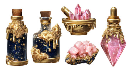 Colorful Potions and Alchemy Elements with Crystals on Transparent Background