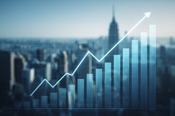 Fototapeta premium Abstract financial growth graph overlaying a city skyline, symbolizing economic progress and data-driven decision making. Concept of analytics and market trends.