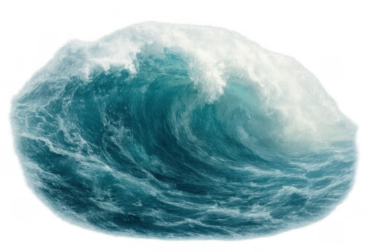 Powerful ocean wave cresting with foamy white water, creating a dynamic surface cutout on a transparent background