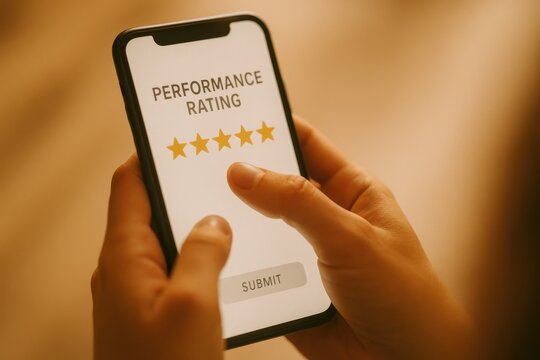 User rating performance on a mobile application, showcasing digital feedback and interaction. Concept of user experience, data collection, and mobile technology.