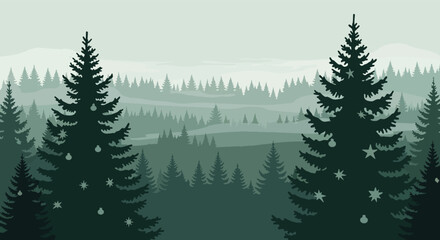 A serene forest scene featuring evergreen trees in a misty, layered landscape.