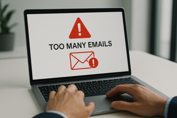 Business professional experiencing email overload, highlighted by warning notification on laptop screen. Concept of digital communication stress, productivity challenges, and workplace efficiency.
