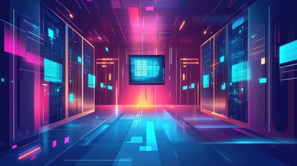 Futuristic server data center managing digital information flow