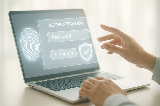 User interacting with biometric authentication on laptop, entering password and engaging with security features. Concept of digital privacy, cybersecurity, and modern technology.