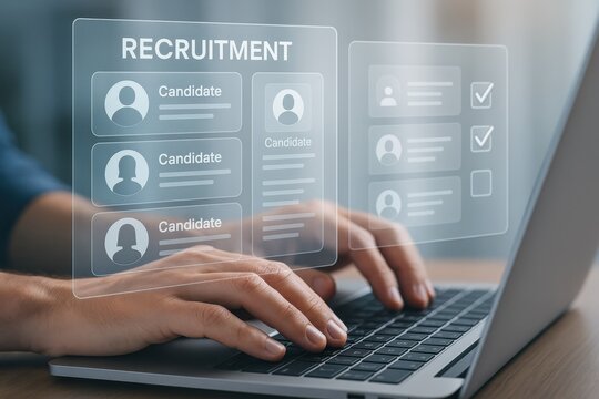 Recruiter reviewing digital candidate profiles on a laptop, symbolizing virtual hiring processes and modern recruitment technology. Concept of talent acquisition and digital transformation.