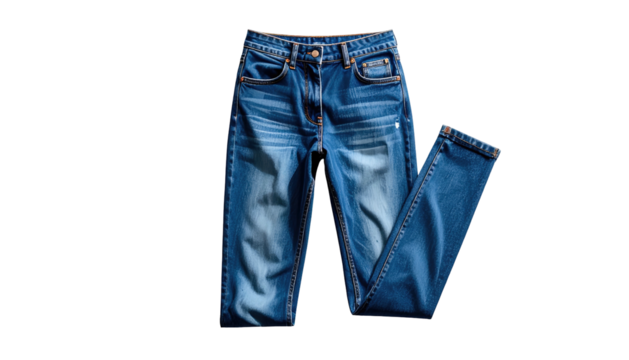 Folded blue denim jeans on black background, seams visible
