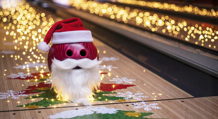 Christmas bowling ball with Santa hat and beard on festive alley  