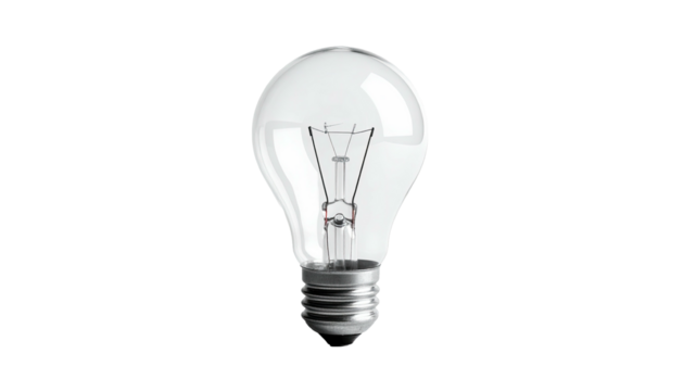 Clear lightbulb on black background; internal filament visible