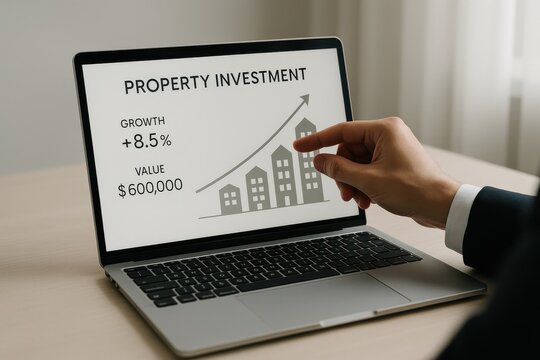 Business professional analyzing property investment data on a laptop screen, illustrating trends in growth and value in real estate. Concept of finance, investment strategies, and economic analysis.