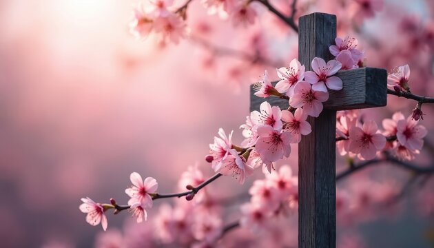 Wooden cross with pink flowers in soft light. Delicate blooms on branches signify renewal and hope. Peaceful religious background for spring and Easter themes.