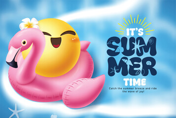 Summer time greeting clipart design. It's Summer time text clip art with pink floater flamingo and happy face emoji character in tropical beach background poster card template vector illustration.
