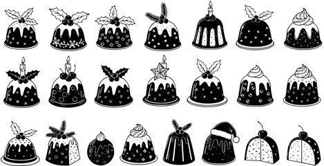 A diverse collection of black and white Christmas pudding and festive dessert illustrations, perfect for holiday season designs.