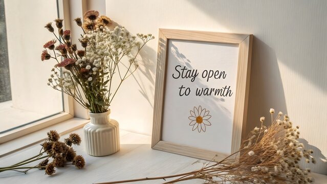 Flat lay of quote with dried flowers showing inspirational message