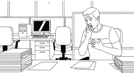 Employee overwhelmed by paperwork in office cartoon illustration