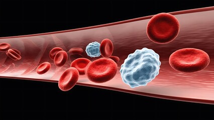 A vivid depiction of red blood cells and white blood cells flowing through a blood vessel, showcasing the bodys defense system