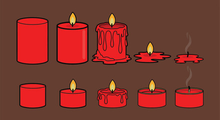 Red candle burning stages illustration wax flame light time lapse art