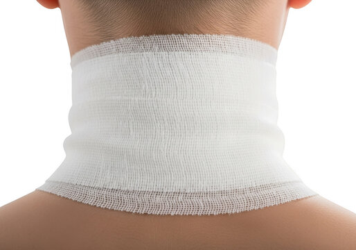 Close up of a white medical neck brace or support garment worn by a person isolated on transparent background