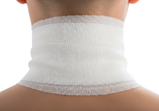 Close up of a white medical neck brace or support garment worn by a person isolated on transparent background