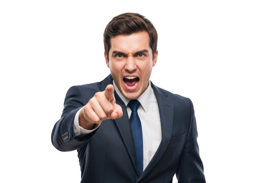 Aggressive businessman in formal attire pointing directly forward with intense expression isolated on transparent background