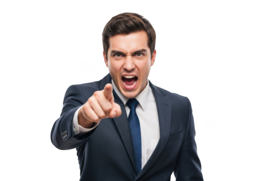 Aggressive businessman in formal attire pointing directly forward with intense expression isolated on transparent background