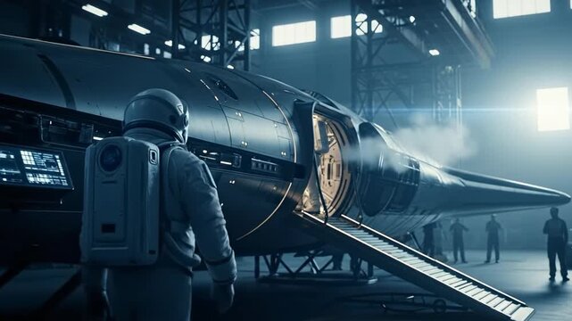Astronaut preparing spaceship for launch in futuristic hangar.