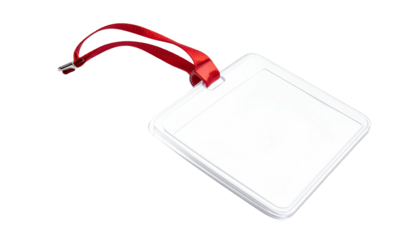 Badge holder with red ribbon against a black background