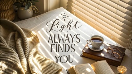 Flat lay of sunlight through window blinds with positive quote