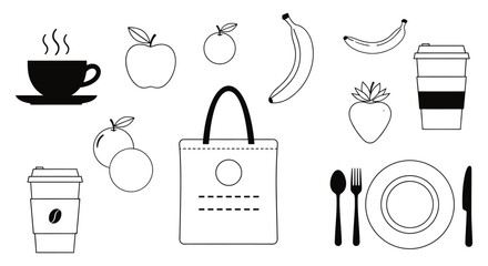 Illustration of fruits coffee and bag for healthy lifestyle concept