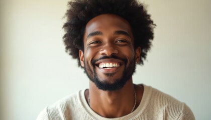 Young Black man with afro hair smiles widely, showing perfect white teeth and beard. He looks directly at camera with happy confident expression. His healthy smile brightens face.