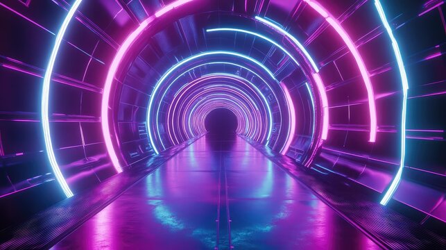 Sci fi futuristic tunnel with glowing neon lights