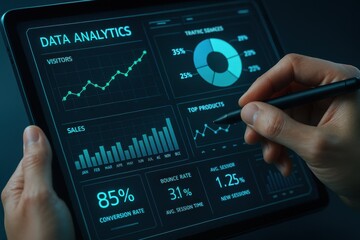 Data analyst measuring key performance indicators on a tablet. Concept of data-driven decision making, analytics, and business intelligence in the digital age.