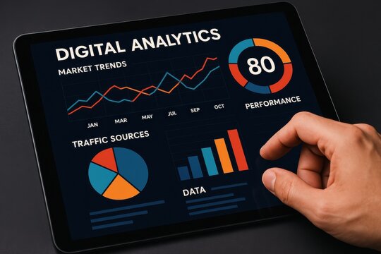 Hand interacting with digital analytics dashboard on tablet, displaying market trends and performance metrics. Concept of data analysis, business intelligence, and technology-driven decision making.