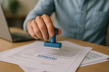 Business professional stamping approved documents on a desk, symbolizing decision-making, validation, and organizational efficiency in the corporate environment.