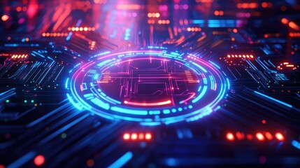 Digital circuit board processing data with blue and red light