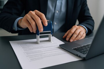 Business professional stamping important documents on a sleek office desk, symbolizing validation, approval, and corporate responsibility in administrative practices.