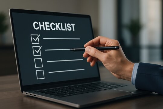 Business professional using digital checklist on laptop screen, emphasizing productivity, organization, and task management in modern work environment. - Powered by Adobe