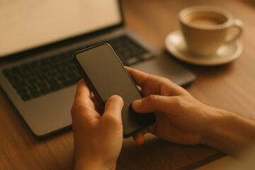 Person using smartphone while working on a laptop, embodying the modern blend of technology and productivity in a cozy workspace. Concept of digital communication and multitasking.