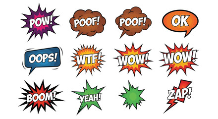 Comic speech bubbles vector illustration set with cartoon words pow