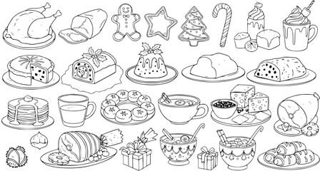 Christmas Feast Line Art: Festive Holiday Foods and Treats Illustration
