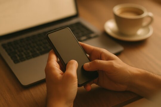 Person using smartphone while working on a laptop, embodying the modern blend of technology and productivity in a cozy workspace. Concept of digital communication and multitasking.
