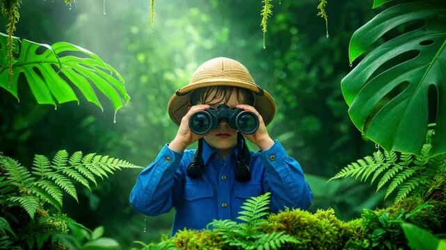 A young explorer, clad in a safari hat, peers through binoculars in a verdant jungle