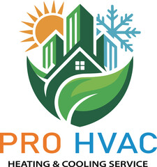 Professional HVAC logo with sun snowflake leaf and modern buildings design
