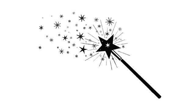 Vector illustration&nbsp;of black and white illustration of a magic wand with sparkling stars emanating from it, isolated on transparent background 