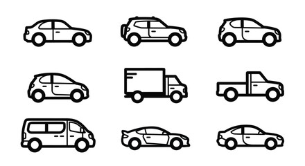 Different types of vehicles cars trucks vans suv icons vector graphics