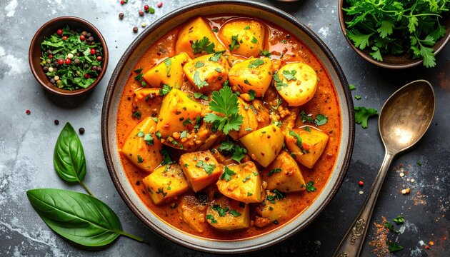 A close-up overhead view of a bowl of delicious potato curry, garnished with fresh parsley and served with a side of mixed peppercorns and basil leaves.