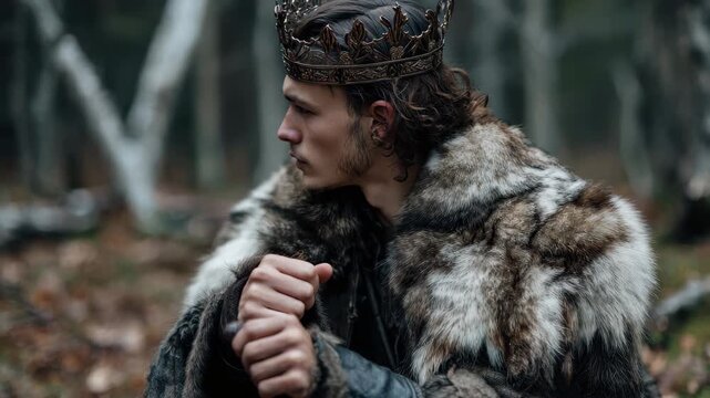 Realistic portrayal of a regal figure in forest attire, crowned and embodying the spirit of the North in a mystical woodland setting during an overcast day