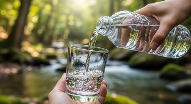 Pouring Clear Water From Plastic Bottle Into Glass Surrounded By Lush Green Forest And Gentle Stream