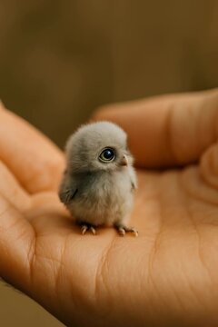 Peque&ntilde;o ave gris posada en una mano, con plum&oacute;n suave y ojos grandes. Escena tierna y minimalista con fondo c&aacute;lido desenfocado.