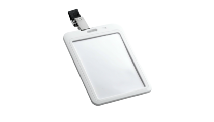 Blank, white ID badge holder angled on black background