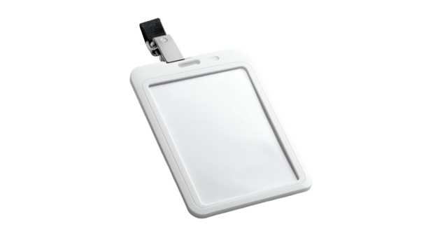 Blank, white ID badge holder angled on black background